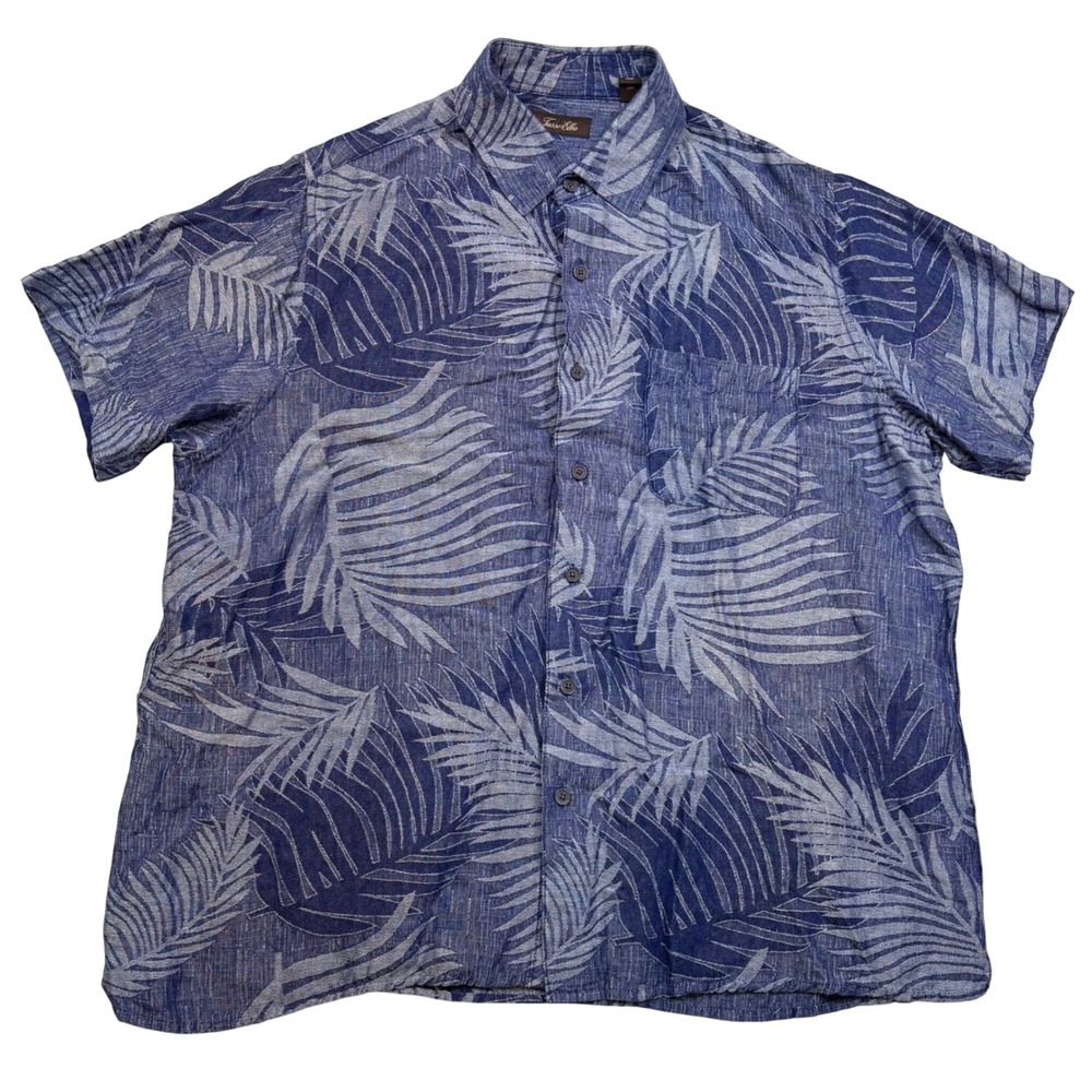 Tasso Elba Button‎ Shirt Mens L Blue SILK LINEN Palm Leaf Tropical Hawaiian Camp